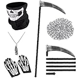 5 Stück Sensenmann Kostüm Zubehör Set,Zerlegbar Sense & Halskette Sensenmann Kette 3m,Handschuhe Skelett Maske Tod Kostüm Sense Halloween Grim Reaper Costume für Erwachsene Kinder Halloween Karneval