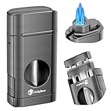 LIHTUN Zigarrenfeuerzeug, Multifunktionales Zigarrenfackelfeuerzeug mit Integriertem Zigarrenhalter und One-Touch-Zigarrenschneider V-Schnitt, Dreifach-Jetflammen-Butanfeuerzeug Zigarrenzubehör (Grau)