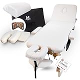 MASSUNDA® – Mobile 3 Zonen Massageliege klappbar & höhenverstellbar – Stabiler Massagetisch aus Vollholz – All-Inkl. Massagebank mit ergonomischer Kopfstütze, Bezug, Armablage, Kissen (Creme)
