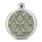 Acanthus Flachmann mit Damastgitter-Motiv, olivgrau, Edelstahl, für Likör, runde Tasche, tragbare Weinflasche für Getränke, 142 ml