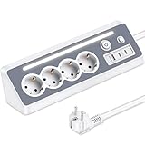 Steckdosenleiste mit USB und 2 Type-C, 4 Fach Ecksteckdose Mehrfachsteckdose mit LED, Mehrfachstecker Überspannungsschutz 3680W 16A, Steckerleiste mit Schalter Ecksteckdosenleiste 1.5m für Küche Büro