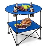 COSTWAY Campingtisch faltbar, 2-stöckiger Angeltisch mit Getränkehaltern und Tragetasche, Picknicktisch leicht, Klapptisch stabil, Falttisch für Camping, Picknick