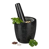 Relaxdays Granit Mörser mit Stößel, robust & langlebig, Gewürze, Kräuter, polierter Steinmörser, Ø 13 cm, 500ml, schwarz