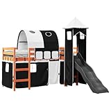 Goldicoo Kinder Hochbett mit Vorhänge, Tunnel, Rutsche & Turm – Rosa Blau Schwarz – 80x200 90x190 90x200 – Massivholz Kiefer – Spielbett Kinderbett für Jungen und Mädchen