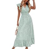 BSLVWG Damen Maxi Kleid Rüschen Blütenblatt Kurzarm V-Ausschnitt Floral Flowy Sommer Strand Urlaub Sundress Casual Langes Kleid (DE/NL/SE/PL, Alphanumerisch, M, Regular, Regular, Grün)