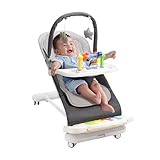 Babywippe mit Abnehmbarer Spielbogen, Baby Bouncer mit Klavierspielzeuge, Fütterungstablett, Verdicktem Kissen und Rädern, 4-Stufig Verstellbare Wippe Baby für Neugeborene 0-18 Monate (Dunkel Grau)