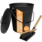 BLACK OAK Ascheeimer Etna 14L – Set Schaufel & Besen schwarz rund mit Deckel groß 14 Liter Stahl feuerfest verzinkt & pulverbeschichtet Asche & Kohle Eimer ideales Zubehör für Kachelofen Holzofen