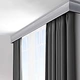 Doppelläufige Gardinenstange mit dekorativem Querbehang für Wohnzimmer und Schlafzimmer, 3-in-1-Design mit Beschlägen, graue Wand, 3,2 m