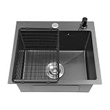 Qussse Küchenspüle 45x40cm Spülbecken Einbauspüle mit Abflusskorb und Seifenspender Edelstahl Spüle Küche Waschbecken, 1 Becken, Schwarz