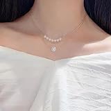 Kette Damen Silber 925, Damen Halskette Gold 2-Lagige Perle Weiß Halsketten mit Anhänger