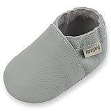 mepiq Krabbelschuhe Baby Lauflernschuhe lederpatschen Jungen Mädchen Weicher Leder Kleinkind Wildleder rutschfeste Lederschuhe 12-18 Monate, Hellgrau