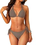 Neckholder-Bikini-Set für Damen, Zweiteiliger Triangel-Badeanzug, zum Binden, 2025 süße Bademode, Kaffee, S