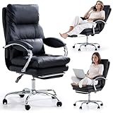 EMIAH Bürostuhl mit Fußstütze, Bequemer Schreibtischstuhl mit Gekreuzten Beinen und Armlehnen, Ergonomischer Chefsessel aus PU Leder mit Rollen, Computer Gaming Stuhl mit Verdicktem Kissen, Schwarz
