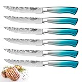 SCOLE Steakmesser Set 6-teilig, Küchenmesser set aus Deutscher Carbon Edelstahl, Scharfe Gezahnte Pizzamesser Grillmesser mit Ergonomischem Griff, mit Premium-Geschenkbox, Blau