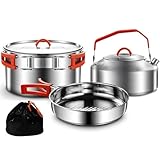 Camping Kochset, Camping Kochgeschirr Set, 304 Edelstahl Camping Töpfe und Pfannen Set, beinhaltet Topf Nonstick Bratpfanne Wasserkocher in Mesh Tasche für Wandern Outdoor Kochen Rucksack für 1-2 Mens