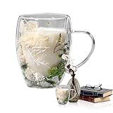 Kaffeetassen aus Glas, doppelwandig, 350 ml, mit getrockneten Blumen, hitzebeständige Kaffeetassen, echte getrocknete Blumen für Milch, Schokolade, Tee, Saft