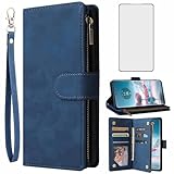 Asuwish Handyhülle für Motorola Edge 40 Neo Hülle mit Folie Schutzfolie und Kartenfach Klappbar Leder Geldbörse Ständer Moto Edge40Neo 5G Reißverschluss Cover Handy Hüllen Schutzhülle Phone Case Blau