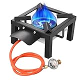Yunzkuk Gas Hockerkocher Camping Gaskocher 10,5 KW aus Gusseisen, Campingkocher mit Gas-Schlauch und Gasdruckregler Konstantregler