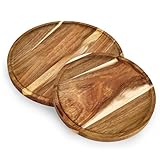 elthmpr Holztablett Rund Deko - 2 Stück Servierplatte Deko, Tablett Rund aus Akazienholz, Holzteller Holz in 2 Größen Tischdekoration Esstablett für Getränke Snacks Geschirr