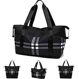 Damen-Reisetaschen, große Kapazität, Handgepäcktasche, erweiterbare Seesäcke mit Trolleyhülle, Weekender Tragetasche, Schwarz kariert