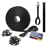 KACNON 5m x 2cm Klettband, Wiederverwendbar Klett Kabelbinder mit 25 Metallschnalle und 5 Dreiecksschnalle, Frei Zuschneidbar/Wiederverschließba, für Kabelmanagement,Gartenarbeit,Werkstätten,Schwarz