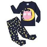 Codkkre Schlafanzug Mädchen Eule Kinder Pyjama Baumwolle Langarm Winter Schlafanzüge Zweiteiliger Größe 140, Marineblau/Eule