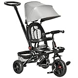 HOMCOM Dreirad mit Schubstange drehbarer Sitz 4-in-1 Kinderdreirad Kinder Fahrrad klappbar abnehmbar Kinderauto Metall Eva Grau 111,5 x 52 x 98 cm
