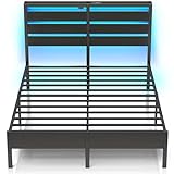 Rolanstar Bettgestell mit LED, Metallbett mit USB-Ladestation & Holzkopfteil mit Stauraum, Doppelbett mit Stauraum unter dem Bett, perfekt für Schlafzimmer, 140 x 200 cm