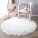 Faux Lammfell Schaffell Teppich 100 x 100 cm, Lammfellimitat Teppich Flauschiger Weicher Fell Teppiche Longhair Fell Lammfellimitat Carpet für Stühle Sofa Schlafzimmer Kinderzimmer (Weiß, Rund)