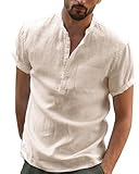 DUOLUVA Herren Business Hemd Slim Fit Kurzarm Leinen Shirt Männer Sommer Strand Khaki 3XL
