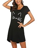 MAXMODA Damen Nachthemd Baumwolle Gemütlich Kurzarm Sleepshirt Knielang Nachtwäsche Negligee schwarz Katze XXL