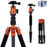 Rollei Compact Traveler No.1 Carbon Orange, 145cm Kamera Stativ Packmaß 34cm Kompakt Fotostativ mit Kugelkopf Arca Swiss Kompatibel Leicht Reisestativ mit Einbeinstativ Funktion für DSLR & Smartphone