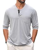 GLESTORE Henley Shirt Herren Langarm Männer Langarmshirt Knopfleiste Hemd mit Brusttasche Grau L