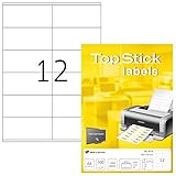 TopStick 8715 Universal Etiketten, 100 Blatt, 105 x 48 mm, 12 pro A4 Bogen, 1200 Stück, selbstklebend, bedruckbar, matt, blanko Papier Klebeetiketten Aufkleber, weiß