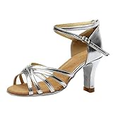 Lateinamerikanische Tanzschuhe für Damen, niedriger Absatz, Knöchelriemen, Party, Abschlussball, Sandalen für Innenbereich, Ballsaal, Salsa, Tango, Tanzen, silber, 36.5 EU