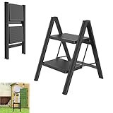 YRHome 2 Stufen Klappbar Trittleiter Leiter Tritthocker Klapptrittleiter mit breitem rutschfeste Pedal Multifunktionale Haushaltsleiter Stehleiter Bis 250KG Schwarz für Haushalt, Küche Büro Außen