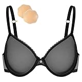 Wingslove Damen Sexy Transparenter BH Unwattierter Bügel BH Spitze Mesh Durchsichtiger BH Mit einem Paar Silikon-Brustaufkleber (Schwarz,85D)