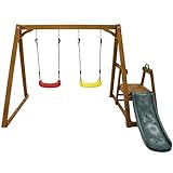 Doppelschaukel-Set für Kinder, Holzkonstruktion für den Außenbereich, inklusive Rutsche und Kletterleiter, Jede Schaukel trägt bis zu 50 kg mit wetterfester Beschichtung, ideal für Kinder ab 3 Jahren