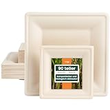 HAAGO 90 quadratische Teller aus Zuckerrohr-Bagasse - umweltfreundlich wie Pappteller, biologisch abbaubar & zu Hause kompostierbar, Einweg-Partyteller - 16cm & 26cm, je 45 Stück