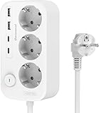 Steckdosenleiste mit USB, Doppelstecker für Steckdose Steckdosenleiste mit Schalter, Steckdosenadapter Wandmontage Steckdosenleiste mit 4 USB, Verteilersteckdose mit USB und Schalter, Weiß (3-Fach)