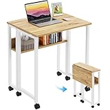 GreenForest Kleiner Schreibtisch Klappbar, 63 cm Klappschreibtisch mit Rollen, Einfache Montage Klappbarer Schreibtisch mit Stauraum, Home Office Klapptisch, Beige