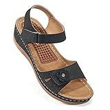 FUDYNMALC Orthopädische Sandalen für Damen: bequeme, elegante Damen-Sandalen mit Keilabsatz, Sommer, Walking, Keilabsatz, lässige Plateau-Sandalen mit verstellbarer Hakenschlaufe, Schwarz, 39.5 EU