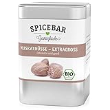 Spicebar Bio Muskatnuss ganz (60g) - 9-12 extra große Bio Muskatnüsse aus Indien - handverlesener Muskat in schützender Aroma-Dose