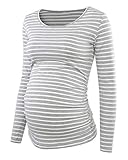 Love2Mi Damen Langarm Schwanger T-Shirt Umstandsshirt Umstandstop Schwangerschaft (S, Graue Streifen)