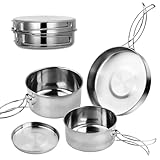 Dokeno 4 Teilige Camping Geschirr Set,Camping Kochgeschirr Set,Edelstahl Outdoor Kochgeschirr,Faltbare Campinggeschirr Pot Plate,Camping Topf für Camping Outdoor Kochen Wandern Reisen für 1-2 Personen