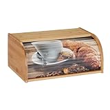 Relaxdays Brotkasten Bambus, Rolldeckel mit Motiv, aromadichte Brotaufbewahrung, mit Ablagefläche, HBT 17x40x27cm, natur