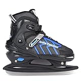 Verstellbar Eishockey Schlittschuhe für Herren Damen Erwachsene Kinder, Edelstahl Ice Skates, Eislaufschuhe mit Schnellschnürsystem & Push-Lock-Schnalle für Sicheren Halt (Schwarz blau, XL42_45)