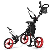 GOPLUS 3-Rad Trolley, Golftrolley mit Scoreboard, Klappbares Golfwagen mit abnehmbarem Sitz und großer Aufbewahrungstasche, Golfcart mit Fußbremse, Schiebenwagen Trolley für Golf, Metall, Schwarz
