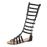 QJDFLL Damen schuhe Gefüttert Retro-lässige Sommerstiefel Frauen Mode Knie sandalen(Schwarz,38.5)