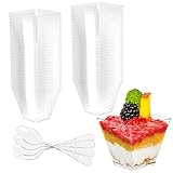 Newaner 50 stück dessertgläser mit Löffeln plastik 2oz/60ML, dessertschalen Klare Wiederverwendbar, Quadratischer dessertbecher, desserttassen für Pudding Mousse Eiscreme Geburtstag Hochzeiten